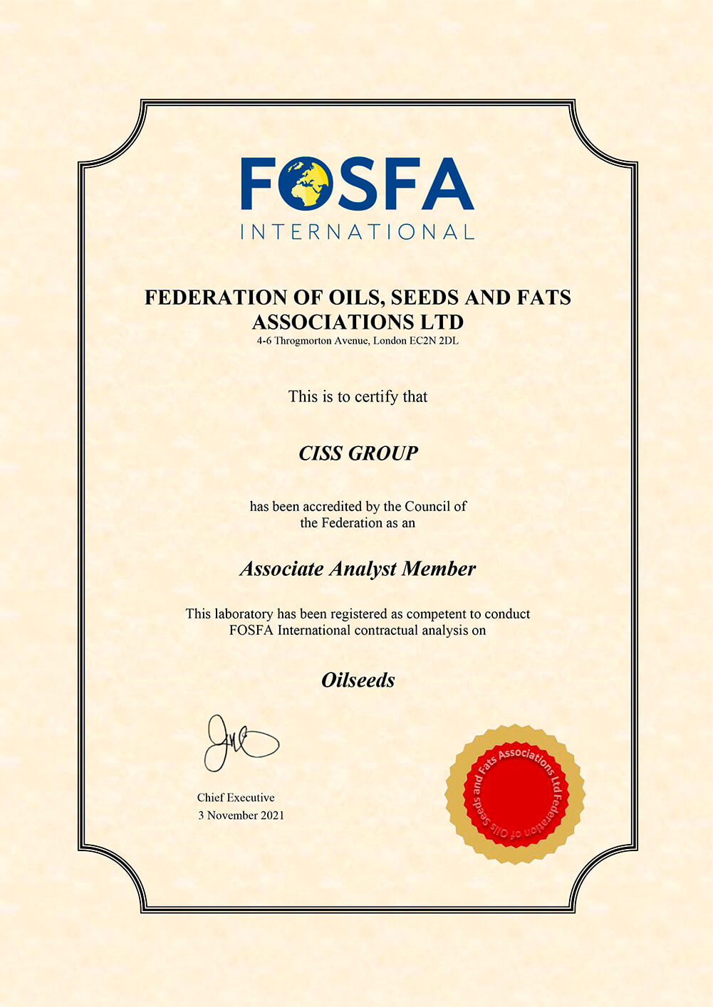 FOSFA accreditation as Associate Analyst Member in Oilseeds section